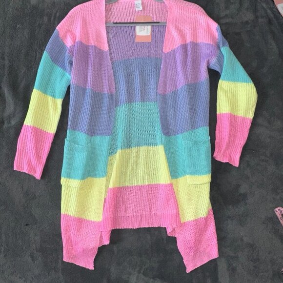 Pastel Rainbow Knit Long Sleeve Cardigan Lightweight Spring Pockets Colorblock - Picture 8 of 16